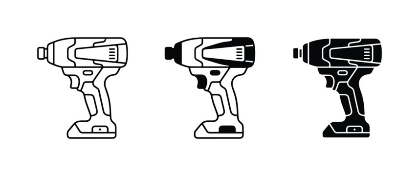Impact Driver Icons, Power Tool Set, Cordless Drill Vector Graphics