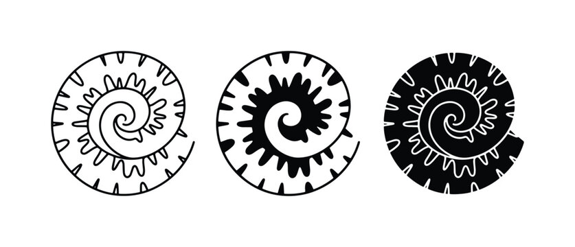 Ammonite Fossil Icons, Spiral Shell Vector Graphics, Ancient Marine Life Silhouettes