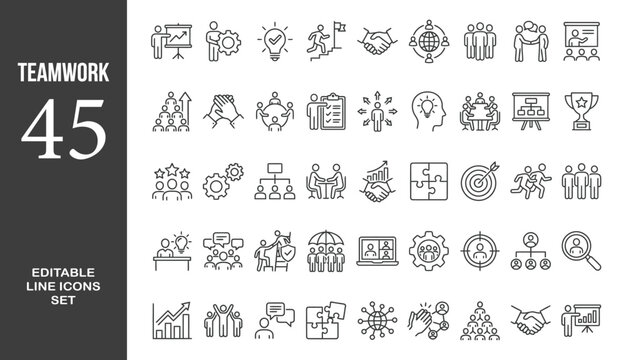 Teamwork icon set. Business related line icons: meeting, cooperation, support, collaboration, partnership, society, workshop, work group, human resource and more. Editable stroke. Vector illustration.