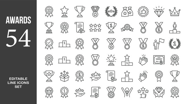 Awards icon set. Containing trophy, winner, medal, winner prize, success, best, reward, champion, star, certificate, badge and more. Editable line icons. Vector illustration.
