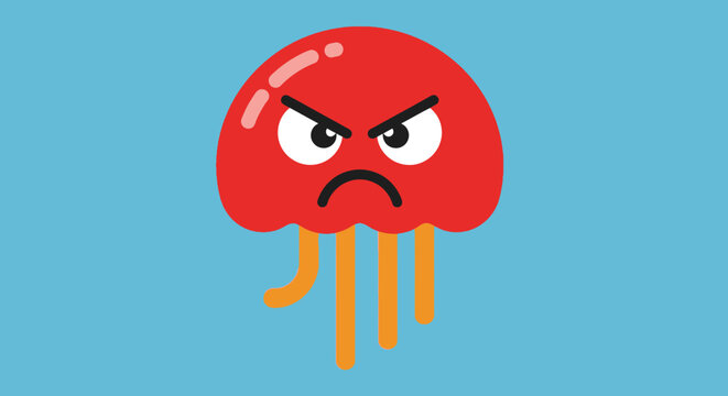 Angry Red Jellyfish Emoji with Furious Face on Blue Background