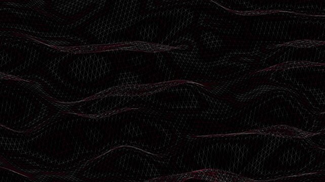 Abstract digital wireframe landscape with flowing red and white grid lines over a black background representing data flow and connectivity
