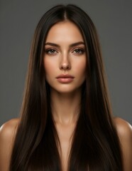 Naklejka premium Beautiful young woman with long straight brunette hair and brown eyes studio portrait