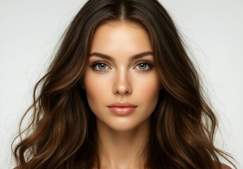 Fototapeta premium Beautiful young woman with long wavy brown hair and blue eyes studio portrait