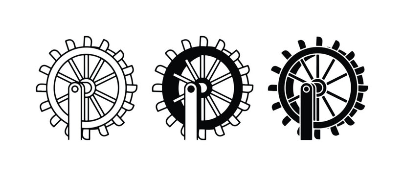 Water Wheel Icons, Industrial Mechanism Vector Graphics, Mechanical Engineering Symbols