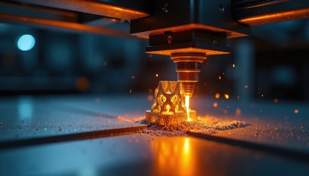 Precision 3D metal printer builds intricate part. Laser melts powder layer by layer. Sparks fly from active manufacturing. Modern industry tech creates custom object.