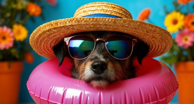 Cute puppy wearing sunglasses and straw hat in pink inflatable swim ring
