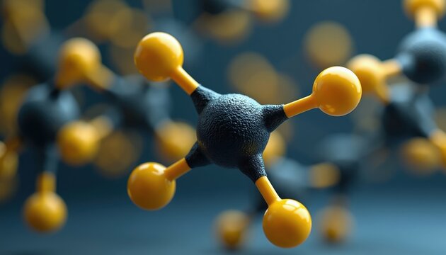 3D atom model with yellow spheres connected to dark core atom. Molecular structure visualized abstractly with atomic bonds. Science research concept.