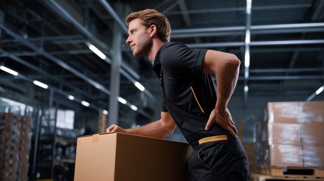 Young warehouse worker straining injured lower back while lifting heavy cardboard box. Occupational back injury moment, workplace accident, disability insurance claim, labor safety, recovery concept.