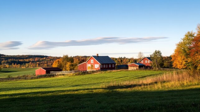 Falun red farm set against rural landscape in autumn with fields and trees around during daylight hours