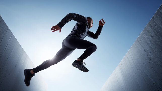 Powerful athletic man in black outfit leaping dynamically between two concrete walls against bright blue sky backlight. Parkour freerunning, urban extreme sport, speed and explosive movement concept.