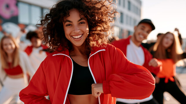 Joyful curly-haired woman in red jacket dancing with energetic diverse group against urban graffiti wall in sunlight. Street dance battle, hip-hop culture and creative youth expression concept.