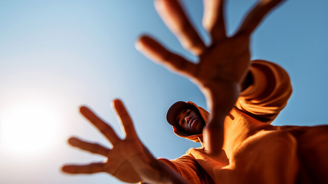 Dramatic low-angle view of athletic man in orange hoodie reaching hands toward camera against bright blue sky with intense sunlight. Parkour freerunning, extreme urban sport and raw energy concept.