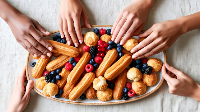 Top-down view of diverse hands reaching for elegant eclairs, profiteroles and fresh berries arranged on white ceramic platter. Luxury dessert sharing, festive candy bar and gourmet catering concept.