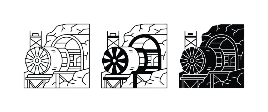 Water Wheel Mill Icons, Industrial Power Generation, Renewable Energy Technology, Historical Engineering Concepts, Set of 3 Vector Illustrations