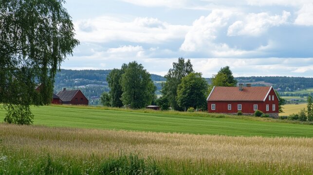 Falun red farm surrounded by green fields and trees in a rural landscape under a cloudy sky
