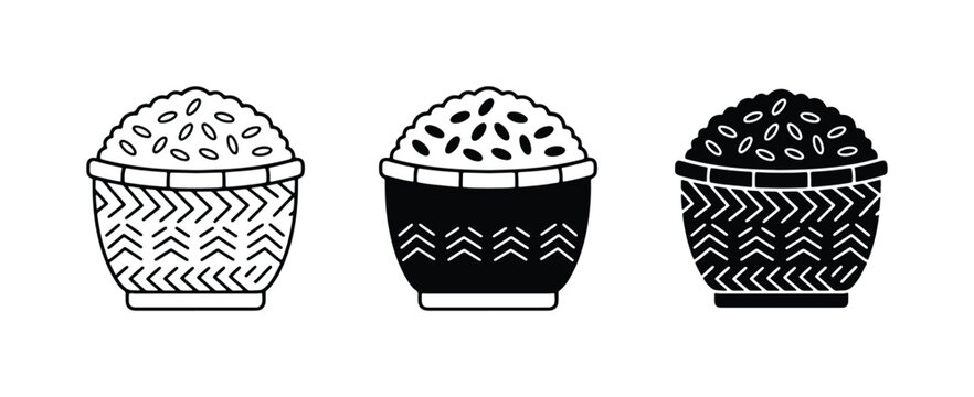 Rice Basket Icons, Grain Harvest Graphics, Staple Food Vector Collection