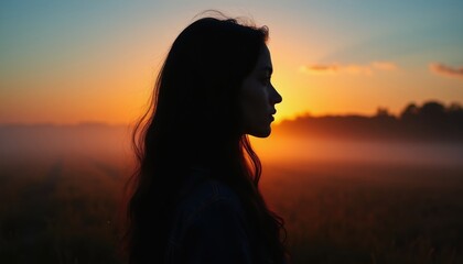 Fototapeta premium Young woman silhouette looks at golden sunrise over misty field. Peaceful morning awakens with soft warm light. Nature beauty, quiet moment before day starts.