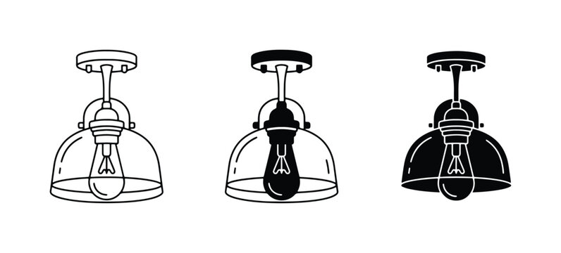 Retro Pendant Lights, Industrial Ceiling Fixtures, Vintage Edison Bulb Lamps, Black and White Icons