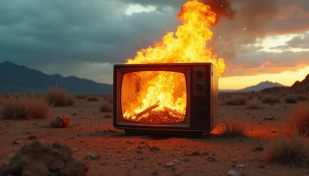 Old TV set burns in desert landscape at sunset. Flames erupt from screen. Dry grass and mountains form background. Concept of media destruction and obsolete tech.