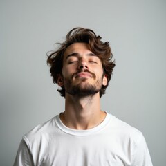 Obraz premium Man with closed eyes inhales deeply, his head tilted back slightly. He wears a white t-shirt against a plain grey background, embodying calm relaxation and mindfulness.