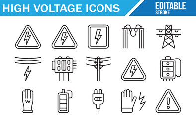 Fototapeta premium Industrial electricity hazard icons set in black outline style