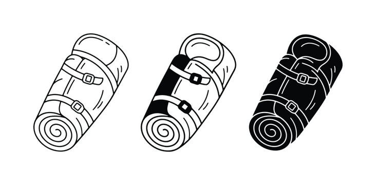 Camping Sleeping Bag Icons, Rolled Outdoor Gear Vector Set, Backpacking Equipment Graphics
