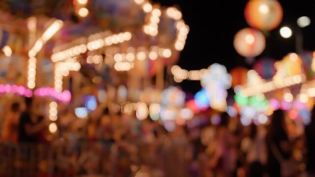 Blurry Nighttime Carnival Lights and Crowd Ambiance.