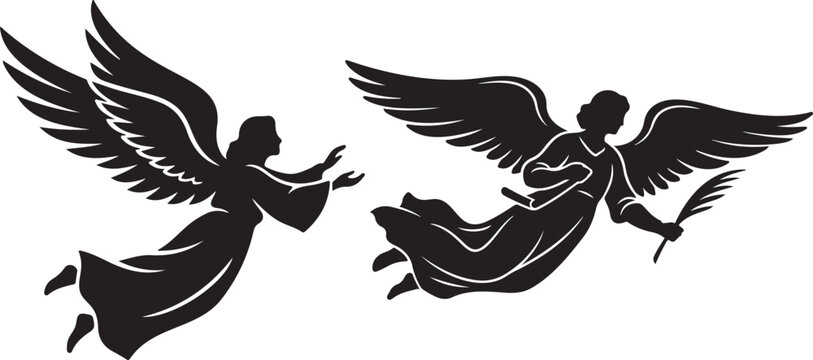 A beautiful biblical angel flies in the sky. Vintage engraving illustration in Renaissance style. Isolated object. Black and white. Outline vector illustration