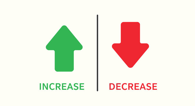 Increase and decrease arrows green up and red down icons on light background