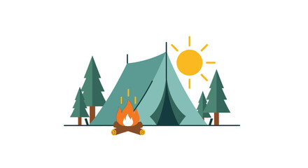 Camping scene with tent campfire and trees flat vector illustration © PAKE
