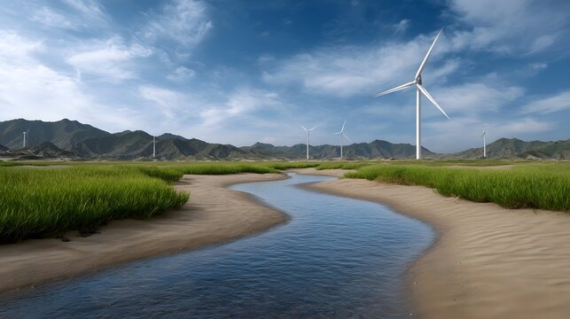 A meandering stream flows through lush wetlands and sandy banks set against a backdrop of distant hills and modern wind turbines