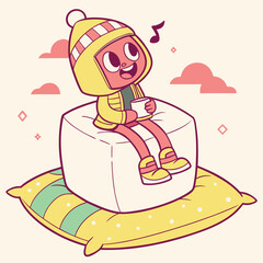 Fototapeta premium A cheerful cartoon character sitting on a large cube with a cup of hot beverage