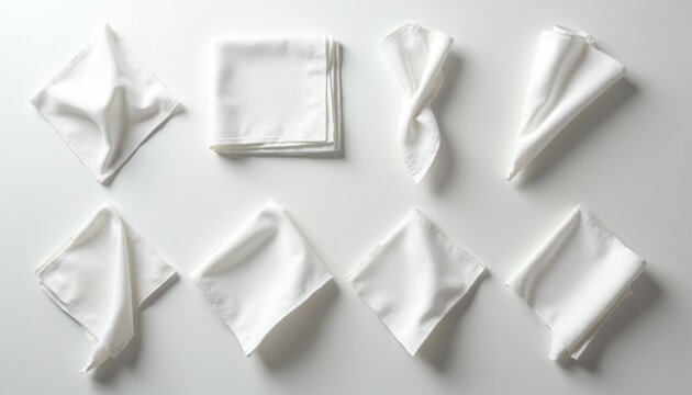 White fabric napkins are arranged in multiple folds. Crisp clean textile squares sit on white surface. Various cloth styles shown from top view.