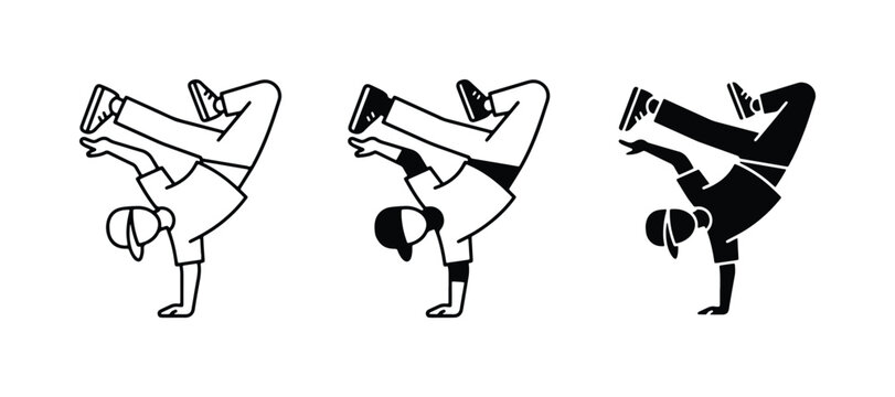 Breakdancing Silhouette, Line Art, and Filled Vector Icons: B-boy Pose