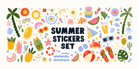 Summer vacation stickers set hand drawn illustration with tropical elements © Suresh