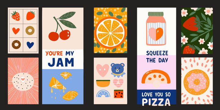 Retro style food pun greeting cards collection colorful vector illustrations