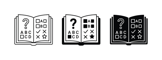 Open Book Quiz Icons, Test Questions, Multiple Choice Answers, Learning Symbols © Shahinur