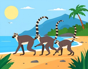 Fototapeta premium Three cartoon lemurs walking on a beach