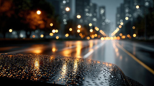 Raindrops covering a car windshield and creating reflections of vibrant urban bokeh lights from a busy city street at night, driving in a storm