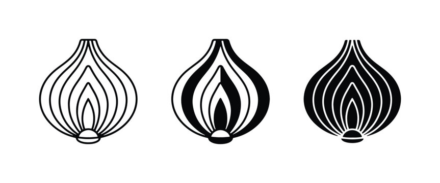 Onion Icons: Simple Line Art, Solid Fill, and Silhouette Vector Graphics