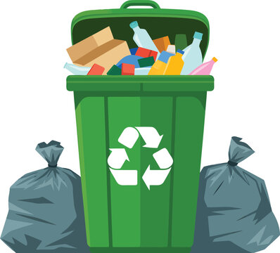 Green trash bin filled with rubbish vector illustration, garbage can