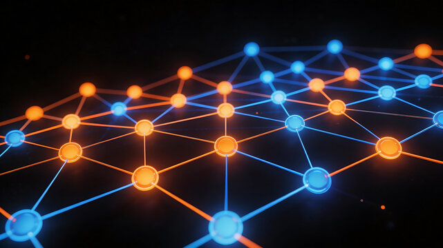 Network of glowing nodes and connections ideal for sleek commercial backgrounds and title sequences