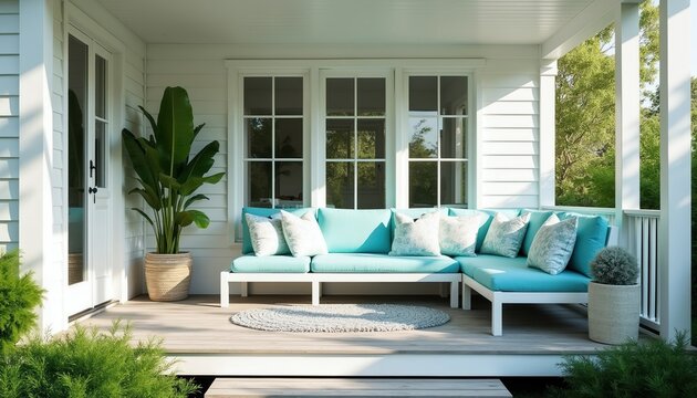 Modern coastal porch with turquoise sectional sofa. White weatherboard house features large windows and a back door. Outdoor living space decorated with plants and rug.
