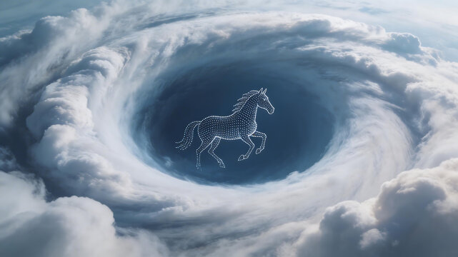 Horse in a swirling cloud vortex emphasizing subtle textures and elegant visual transitions