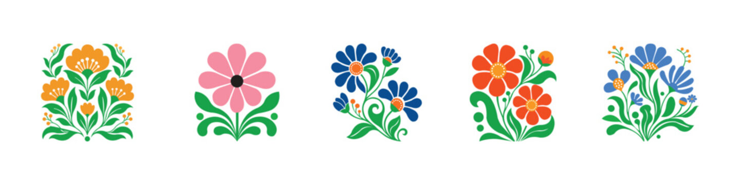 Scandinavian folk floral icon vector set. Decorative flower ornaments, nordic botanical art motifs, colorful bloom illustration collection isolated on white background