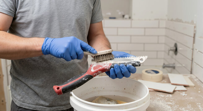 Person in blue gloves cleaning a grout saw with a brush over a bucket of water. DIY home improvement and bathroom renovation project. Washing construction tools