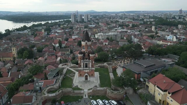 Drone panorama of Gardos Tower in old town Zemun, Belgrade, Serbia. Dusk time.