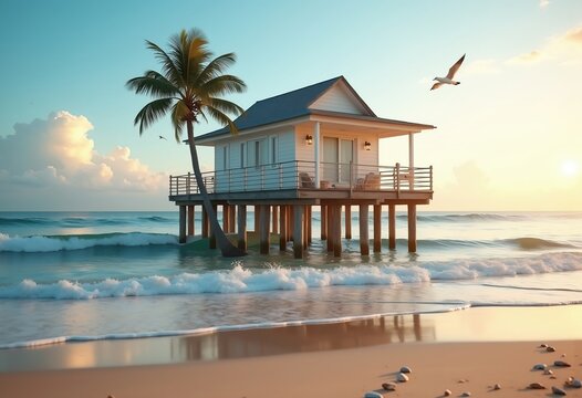 Charming Beach House Raised on Wooden Piings Above Gentle Ocean Waves Embracing Coastal Serenity