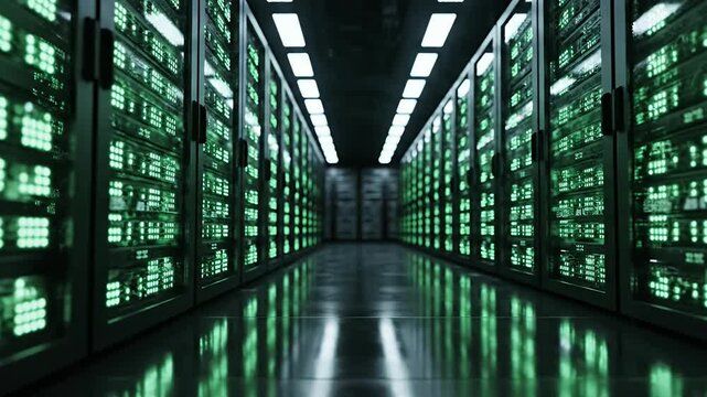 Data center server room with rows of digital storage equipment